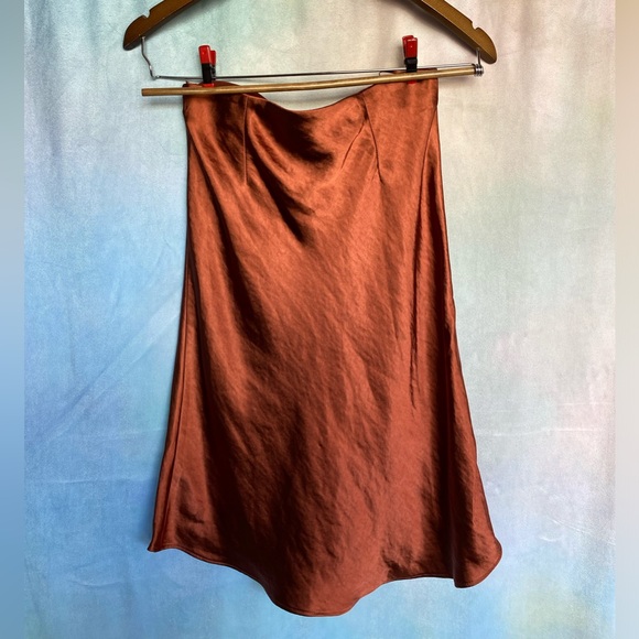 ALL : ROW Silky Satiny MIDI Slip Skirt with Elastic Waist in Rust Burnt Orange - Picture 3 of 3